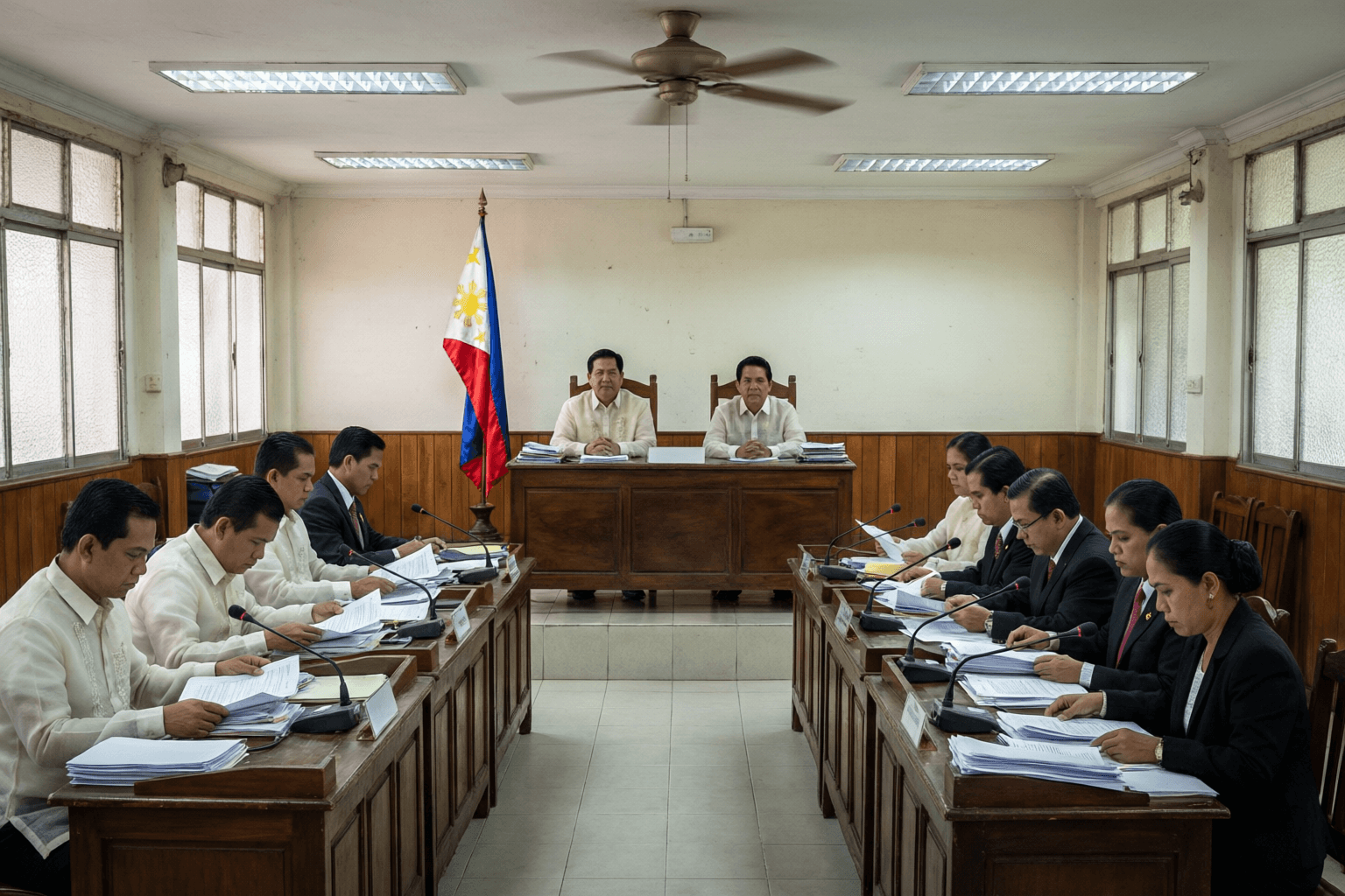 Philippine LGU session hall with individual councilor tables and mayor platform